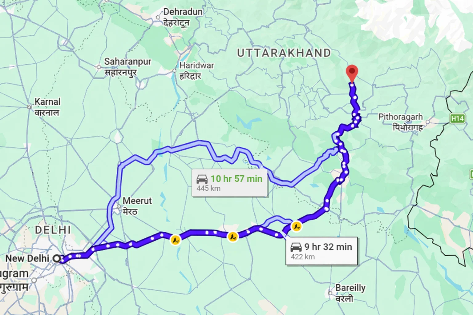 How to Reach Kausani from Delhi Map