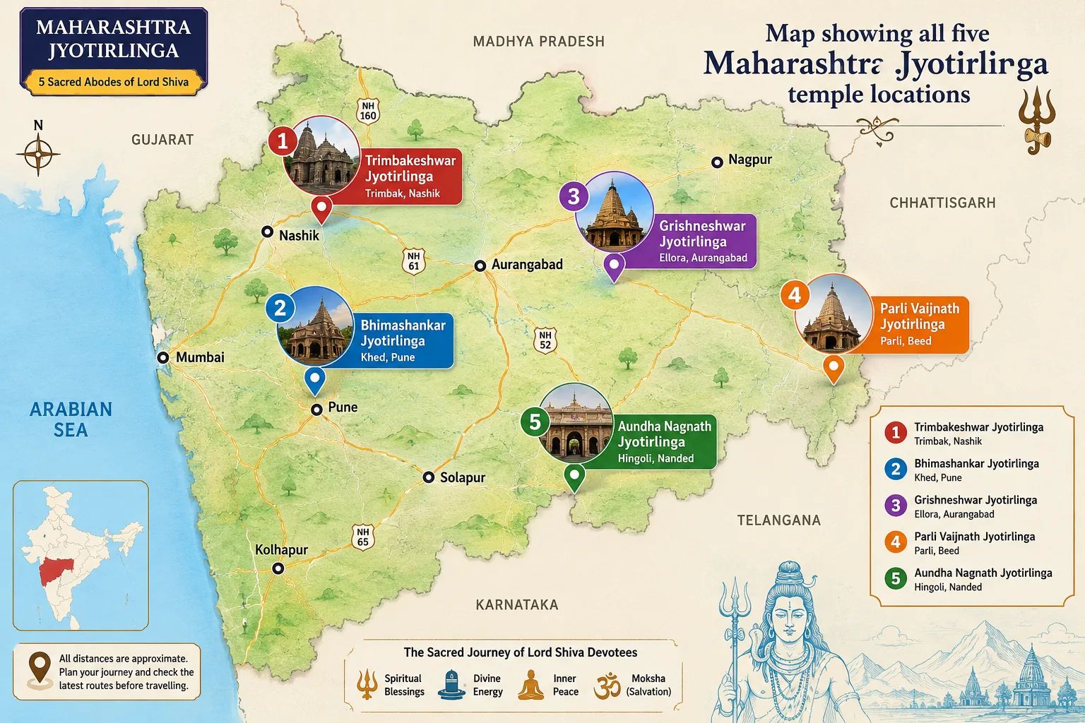Map showing all five Maharashtra Jyotirlinga temple locations